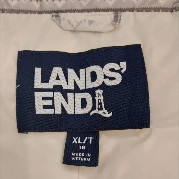 New Land's End Down Feather Puffer Vest Fair Isle Snowflake Gray/White Sz XL/T - - Picture 4 of 10